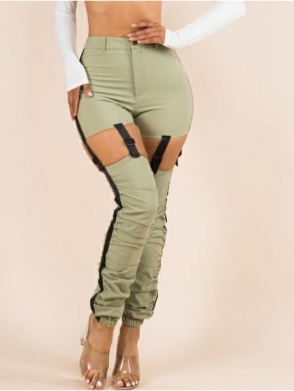 Olive Green High-Waist Strappy Cargo Pants